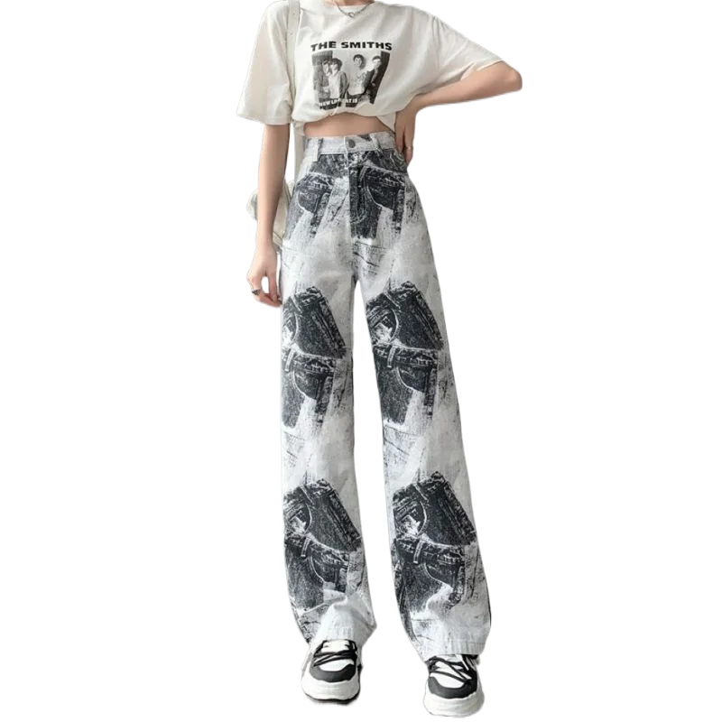 New Tie-Dye Ink Painting Jeans Women's Ins High Waist Slimming Wide Leg Pants Loose Straight Tube Dummy Pants