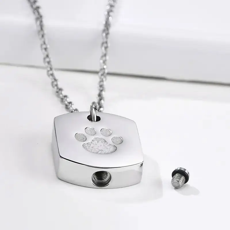 Cremation Jewelry Paw Print Urn Necklace for Ashes for Women Men Memorial Cat Dog Ashes Pendant Square Hang Tag Pendant cremation jewelry