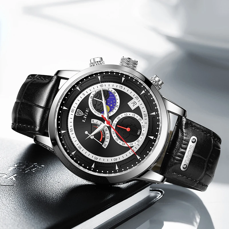 LIGE Fashion Luxury Men's Watches Business Leather Strap Quartz Watch for Men Waterproof Casual Sport Man Chronograph Wristwatch