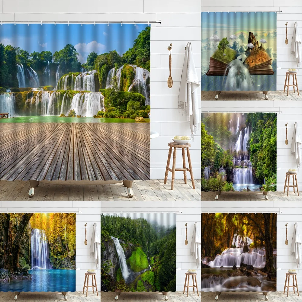 

Natural Scenery Waterfall Shower Curtains Green Forest Wooden Bridge Landscape Lake Bathroom Decor Waterproof Cloth Curtain Sets