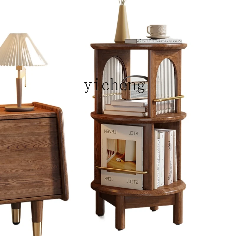 

ZC Solid Wood Rotating Side Table Bookshelf Japanese Walnut Display Shelf Living Room Sofa Side Cabinet Corner Table