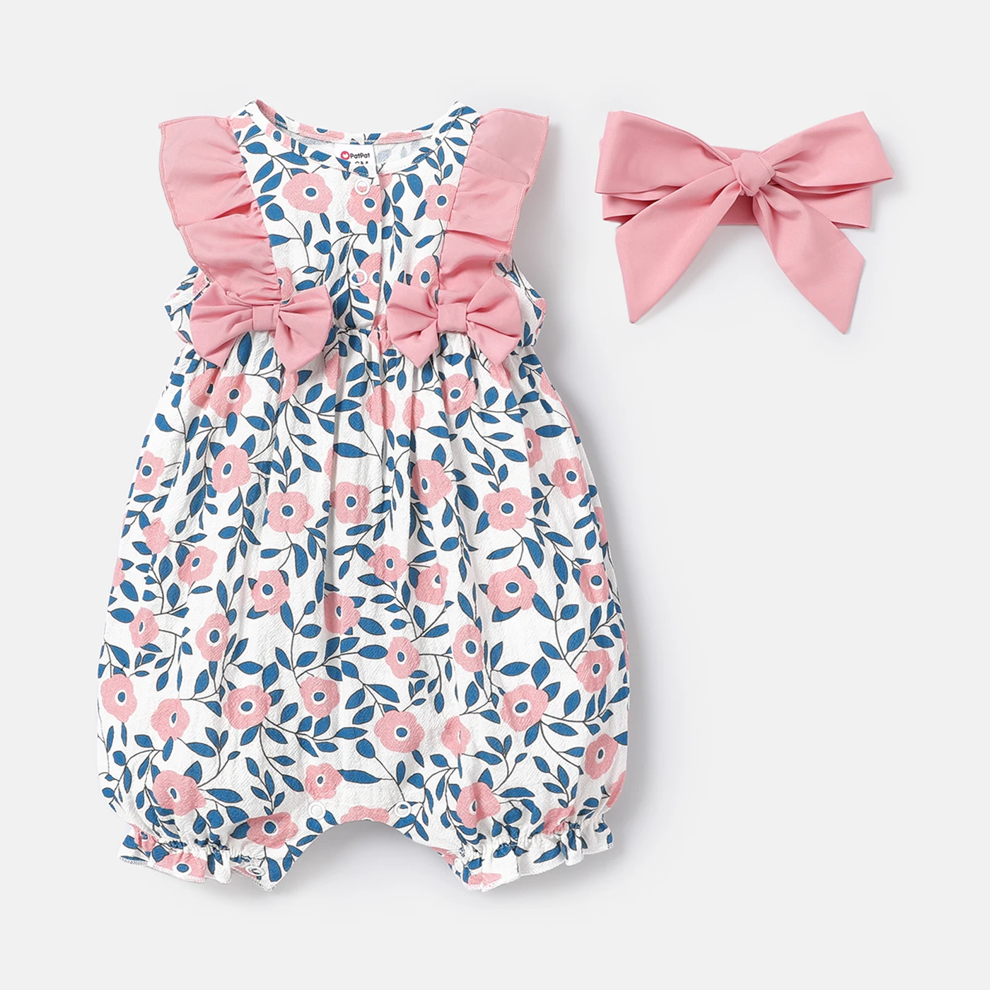 

PatPat Baby Girl 100% Cotton Floral Print Bowknot Design Flutter-sleeve Romper