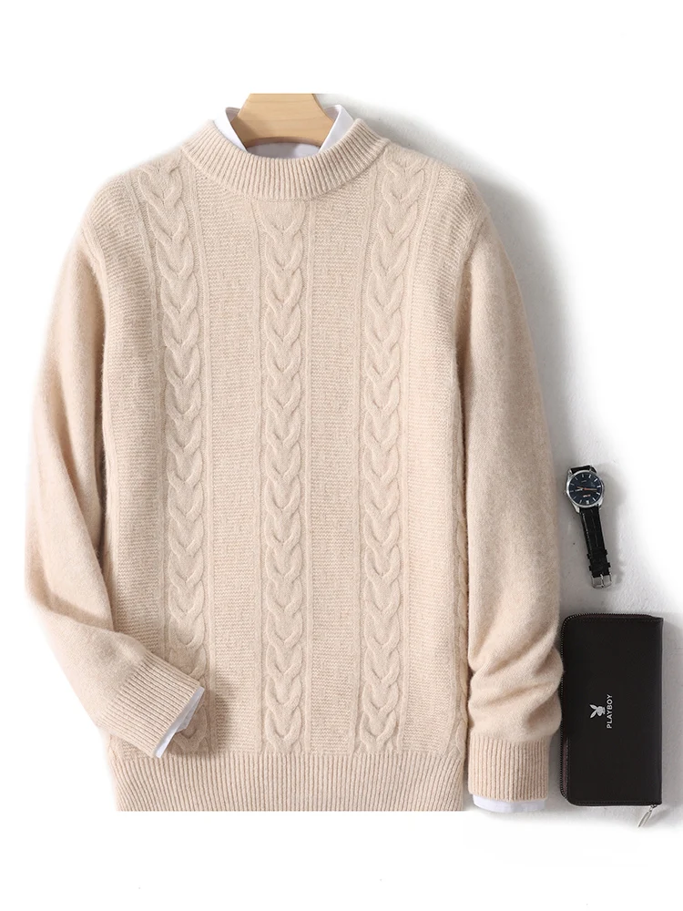 CHICUU Autumn Winter Men Cashmere Sweater Thick Mock Neck Cable Knitting Pullover 100% Merino Wool Knitwear High Quality Tops 3