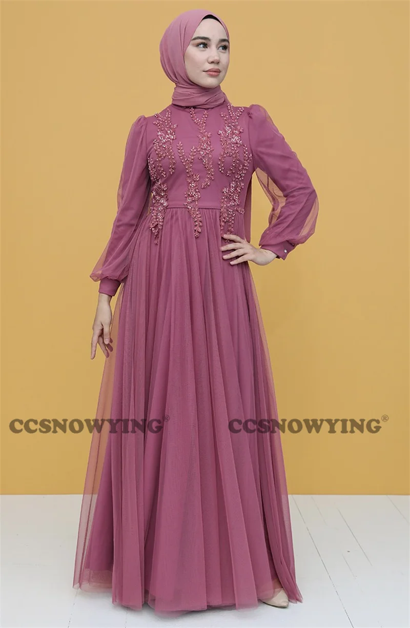 

Tulle Beaded Long Sleeve Hijab Evening Dresses Moroccan Caftan High Neck A Line Muslim Formal Party Gown Robe De Soiree
