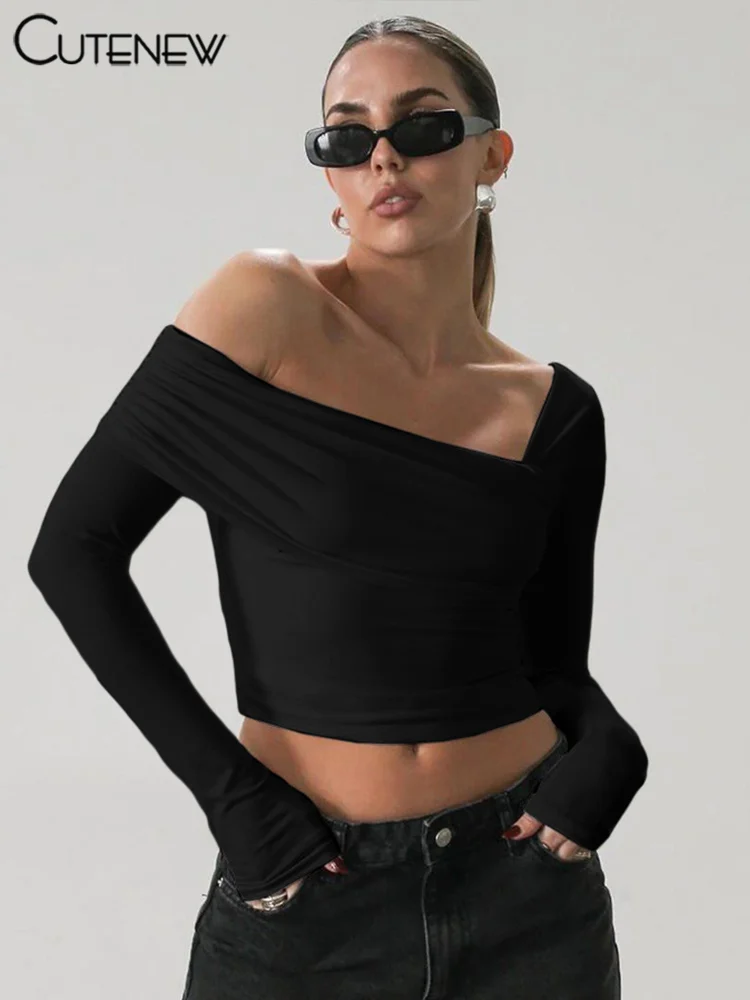 Asymmetrical Slash Neck Wild Women T-shirts Concise Ruched Full Sleeve Skinny Crop Tees Trend Basic Female Street Tops