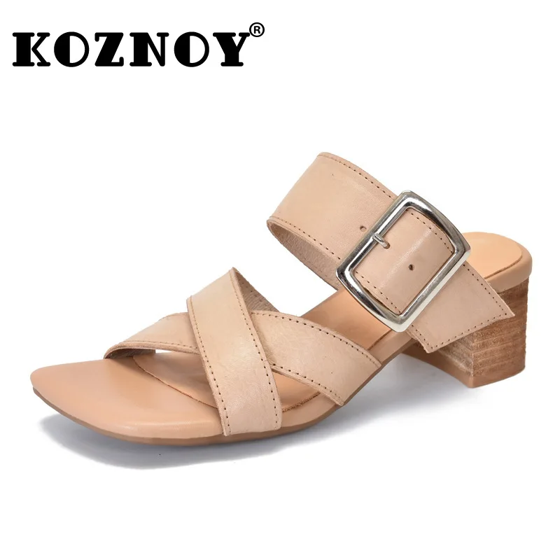 

Koznoy 5cm 2024 Cow Natural Cow Genuine Leather Chunky Heels Fashion Women Slipper Sandals Ladies Slip on Peep Toe Summer Shoes