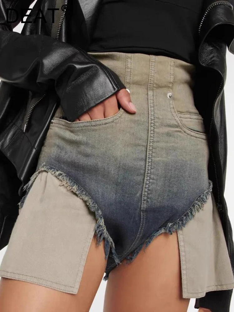 

DEAT Fashion Women's Shorts Slim Zipper Patchwork Pockets Gradient Color High Waist Female Short Jeans Spring 2023 New 17A6097