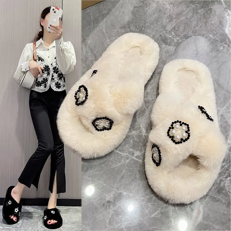 

Шлепанцы женские из флока, меховые шлепанцы на платформе, низкие сланцы, на шнуровке, роскошная обувь с бусинами, плюшевые базовые, в римском стиле, зима 2023