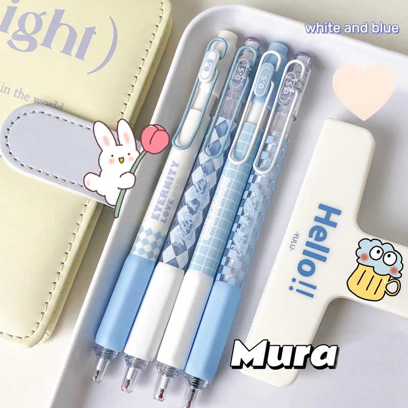 블루 화이트 그리드 시리즈 젤 펜, 0.5mm 블랙 리필 젤 잉크 펜, 학생용 귀여운 쓰기 펜, 사무실 학교 용품, 4PCs/세트, 신제품 