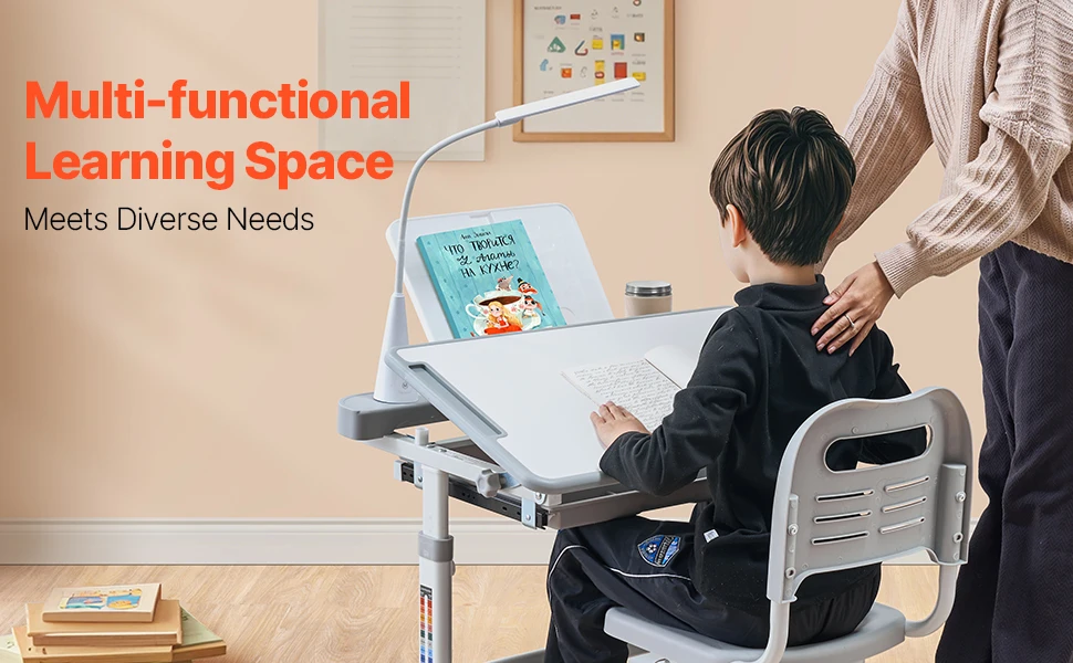 SucceBuy Kids Study Chair and Desk Set Study Desk and Chair for Kids with Table Lamp Adjustable Height for Bedroom & Study Room