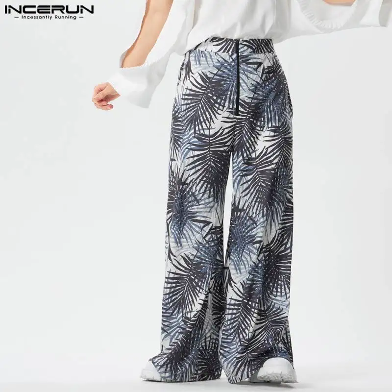 

INCERUN 2024 American Style Trousers Fashion Men's High Waisted Coconut Tree Printed Long Pants Casual Wide Leg Pantalons S-5XL