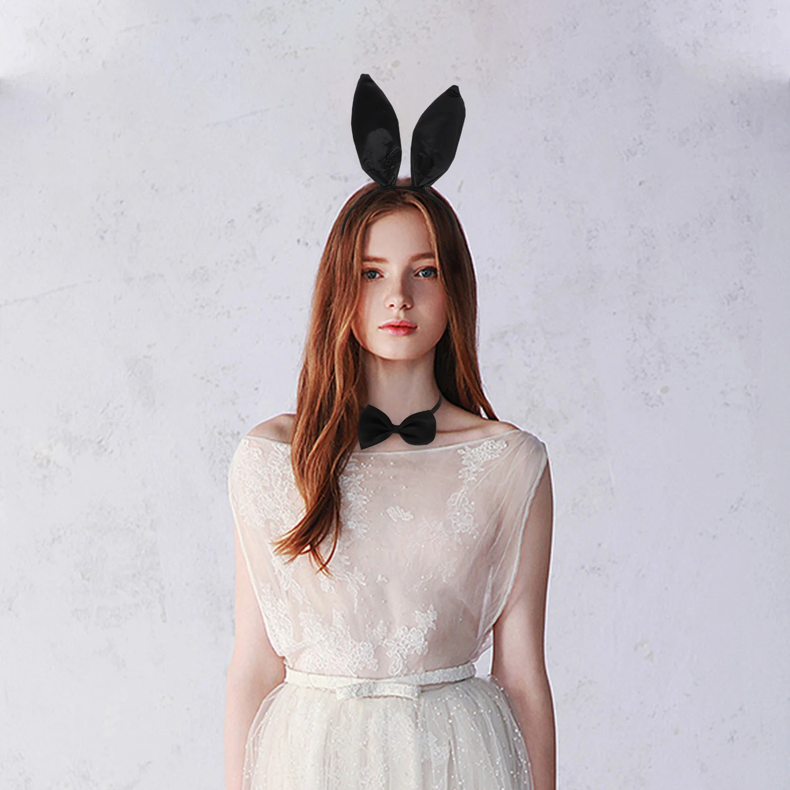 

Bunny Ear Headband Rabbit Tail Prop Bow Tie Headdress Satin Scrunchies for Women