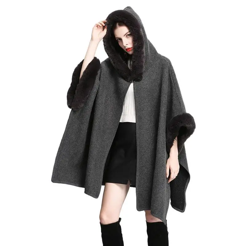 

Autumn Winter New Imitation Otter Rabbit Fur Collar Hooded Shawl Cape Imitation Wool Woolen Loose Ponchos Capes Gray Cloak