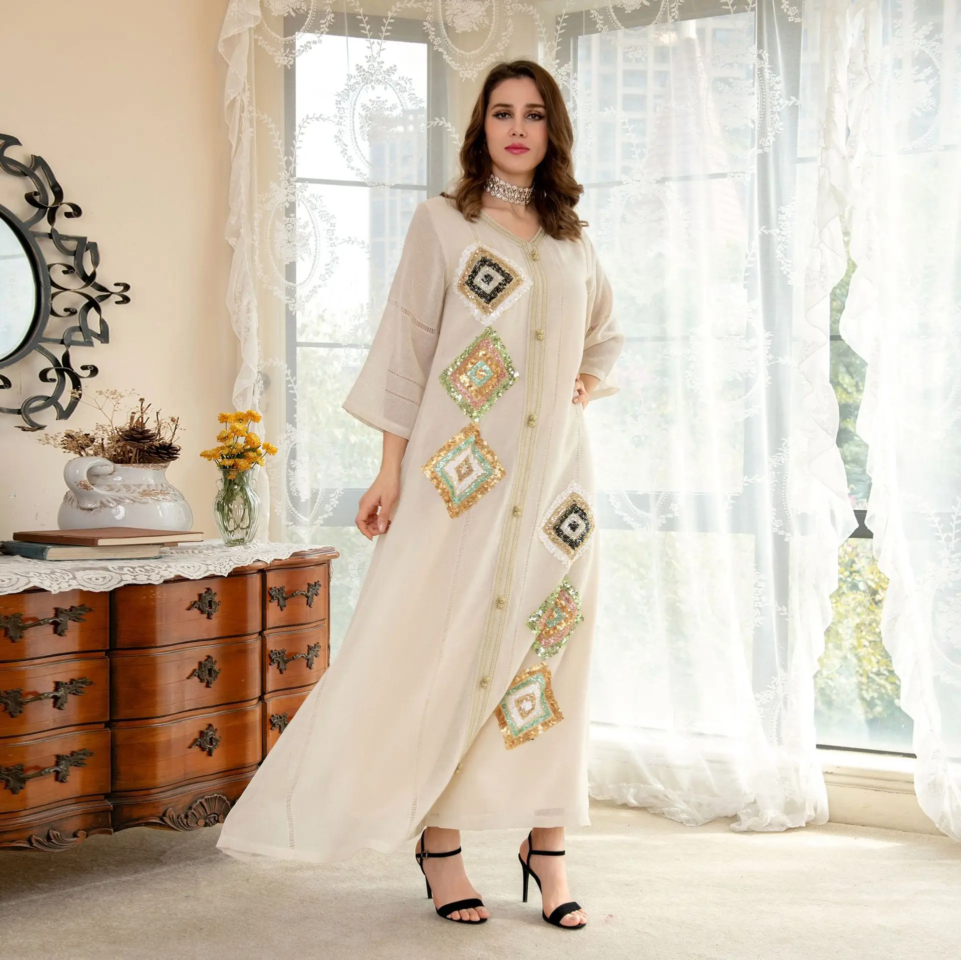 

Sequins Embroidered Long Dress Women Summer Elegant Casual Loose Cotton Linen Maxi Dress Muslim Dress Abayas Robe