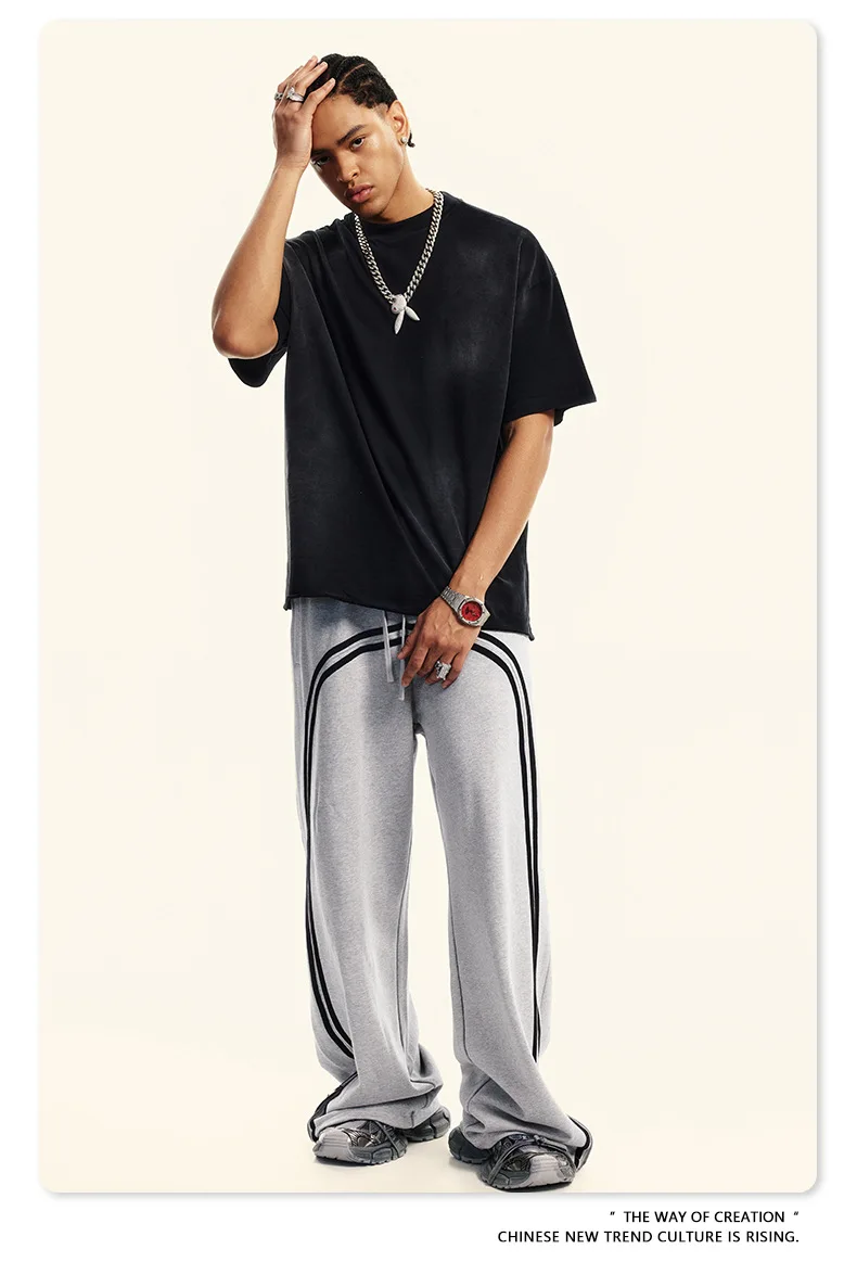 Description Picture 4 of itemMen's youth trend sports casual pants washed batik webbing zipper trousers wide-leg sweatpants cotton straight-leg pants lace-up