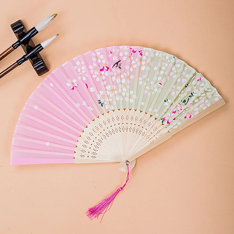 

1Pc Vintage Silk Folding Fan Retro Chinese Japanese Bamboo Folding Fan Tassel Dance Hand Fan Home Decoration Ornament Craft Gift
