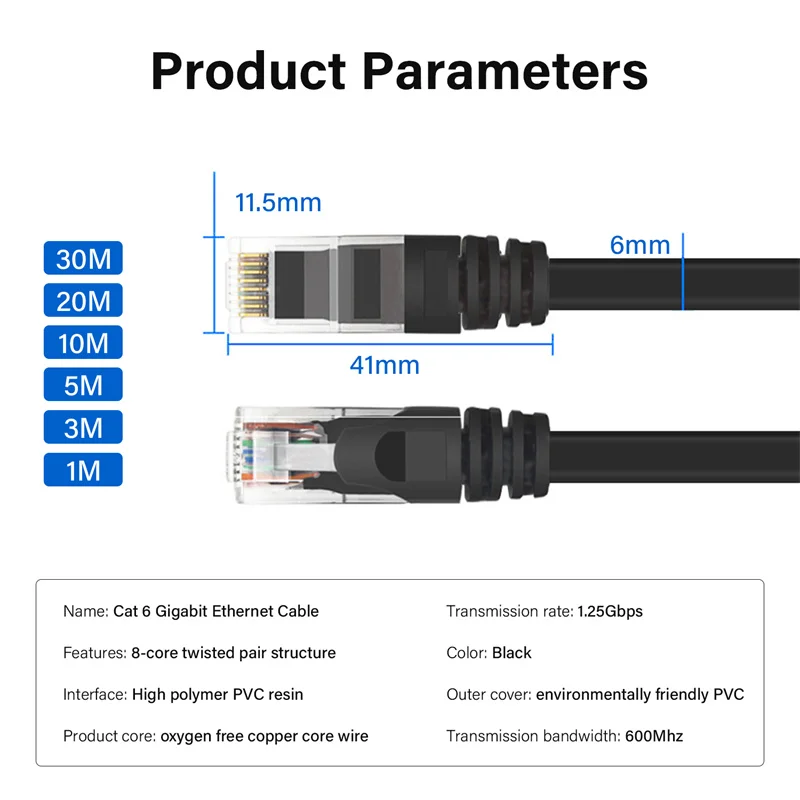 High-Speed 10Gbps Cat 6A Ethernet Cable - 20m/30m RJ45 Patch Cord for Home and Office Networking