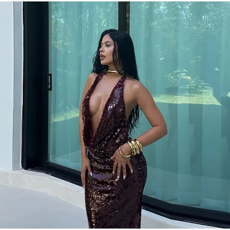 Sexy Wasserfallausschnitt mit Pailletten, rückenfrei, langes Kleid für Damen, ärmellos, Neckholder, hohe Taille, schlankes Maxikleid, 2025, Dame, schicke Abendparty-Robe – Detail 5
