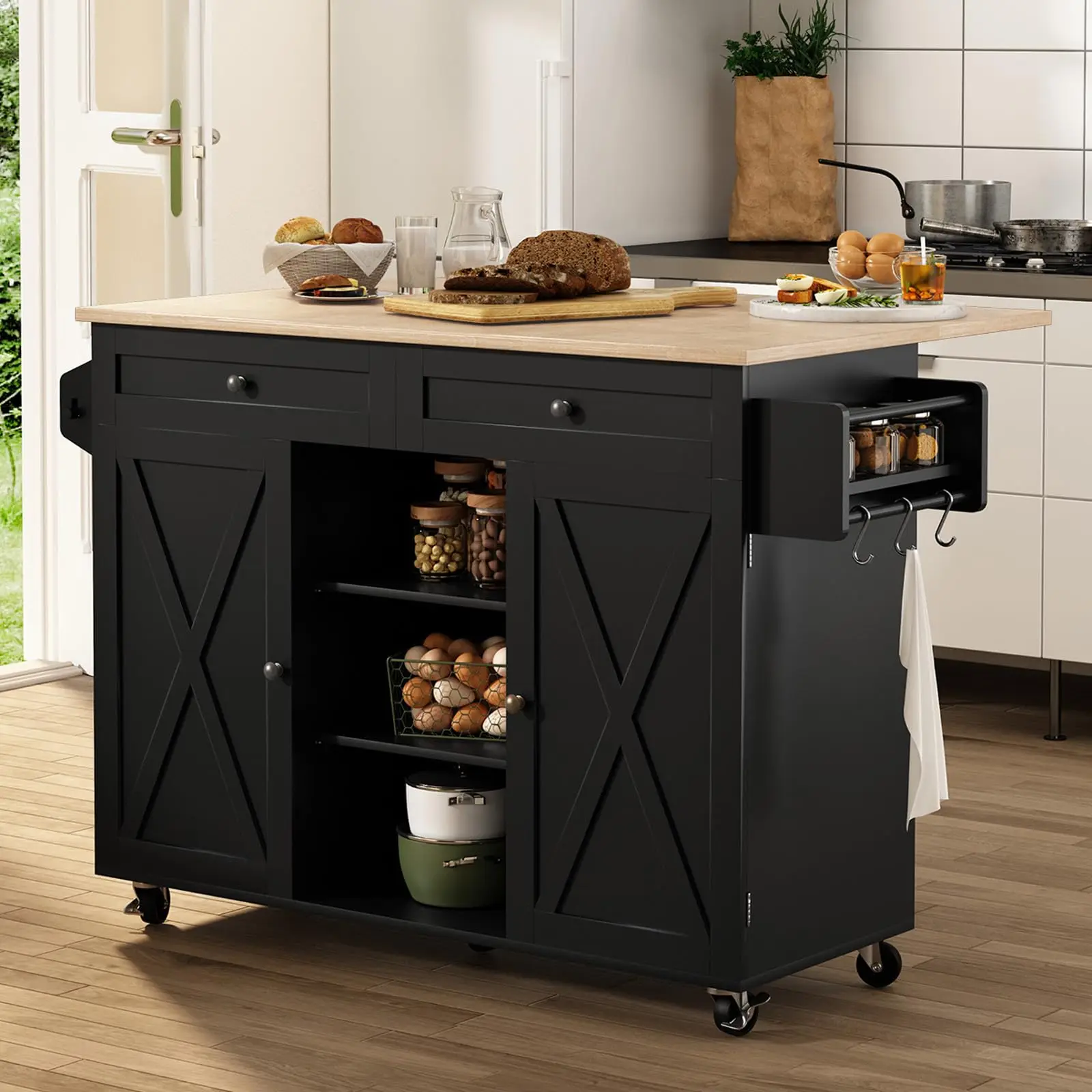Rolling Kitchen Island Cart with Drop Leaf Countertop, Barn Door Kitchen Island Table with Storage Cabinet and Tower Rack