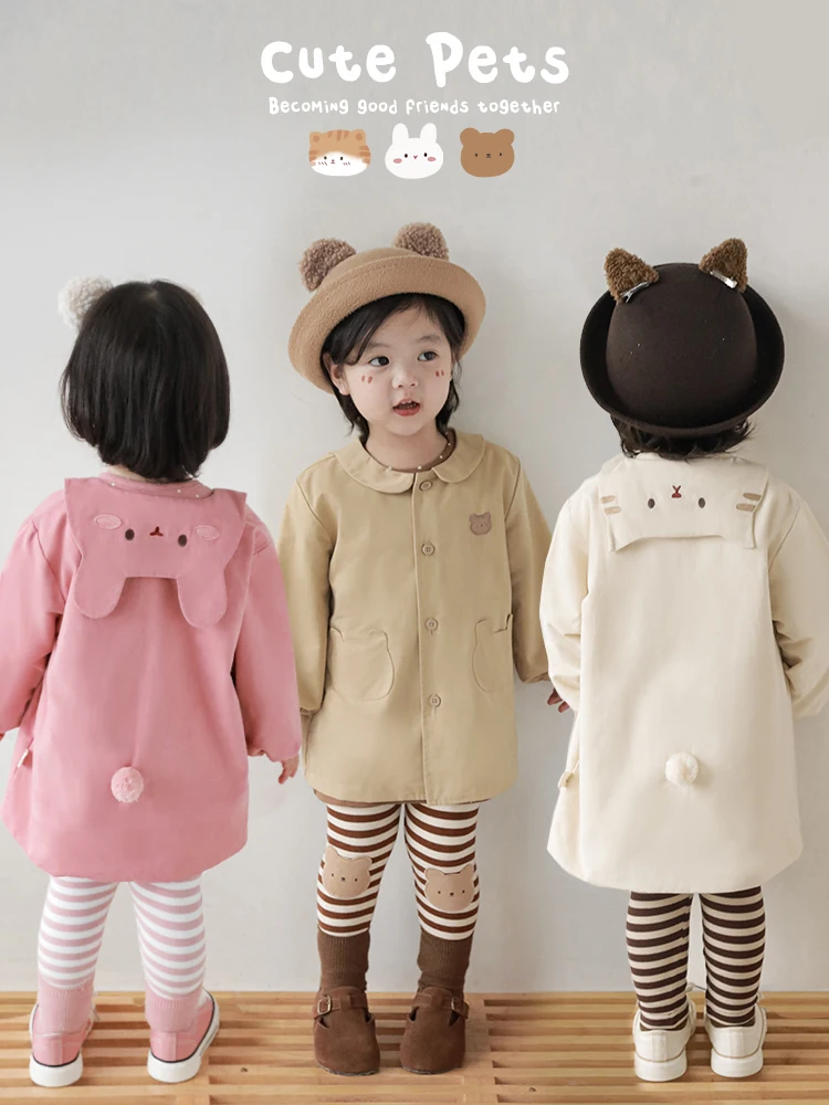 

Тренчкот для девочек, Новинка осени 2023, детское игривое милое пальто с лацканами в виде животных