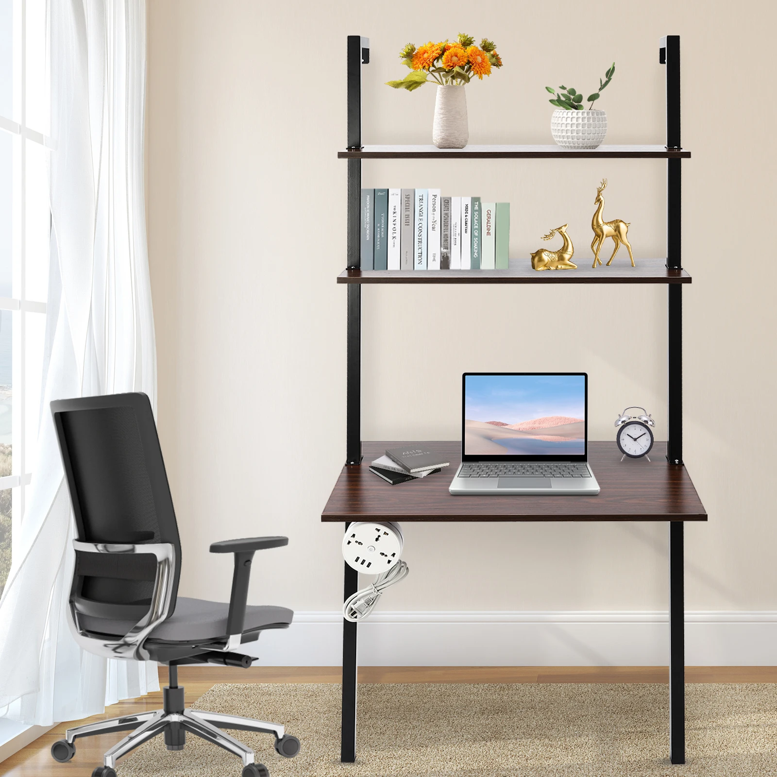 Wall Mount Desk 3 Tiers Computer Writing Table Laptop Industrial Bookcase Floating Pipe Ladder with Shelf for Home Office School 4