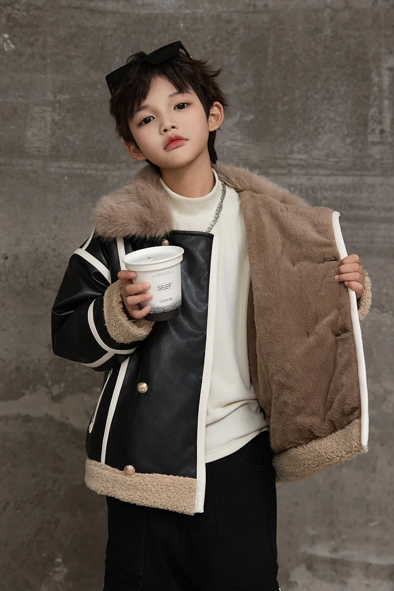 Boys Leather Jackets Clothing 2024 Autumn Children Faux Fur