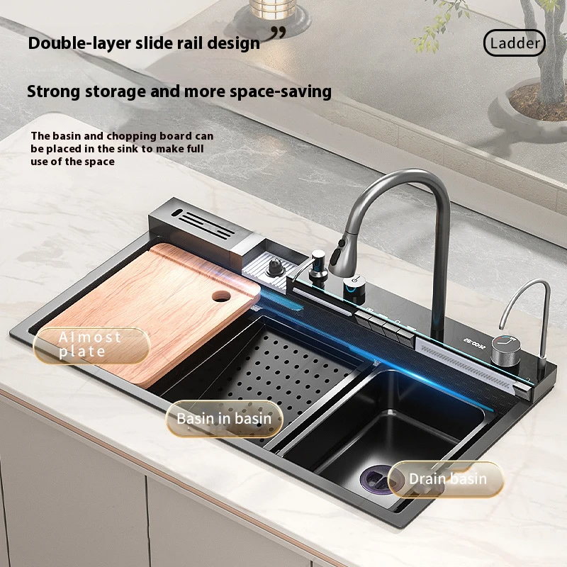 Honeycomb Embossed Kitchen Sink Stainless Steel Piano Key Wash Vegetable Fruit Basin with chopping board Large Single Sink