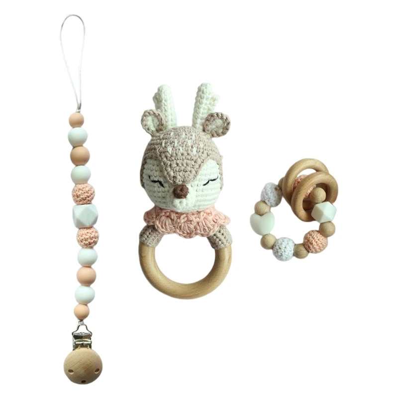 

3 Pcs Baby Pacifier Chain Clip Wooden Teether Ring Crochet Deer Elk Rattle Set