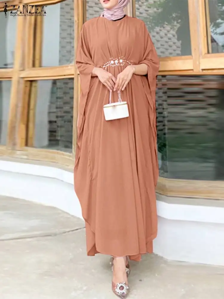 

ZANZEA Fashion Lace Patchwork Muslim Dress Woman Batwing Sleeve O-Neck Maxi Dresses Vintage Party Sundress Oversized Solid Robe