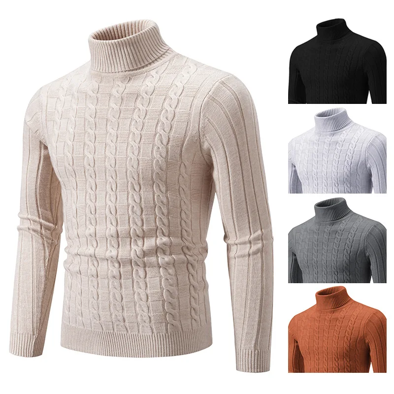 

Winter Men's Turtleneck Sweater Casual Korean Men's Knitted Round Neck Twist Stripes Sweater Fashion Men Multicolored pullover