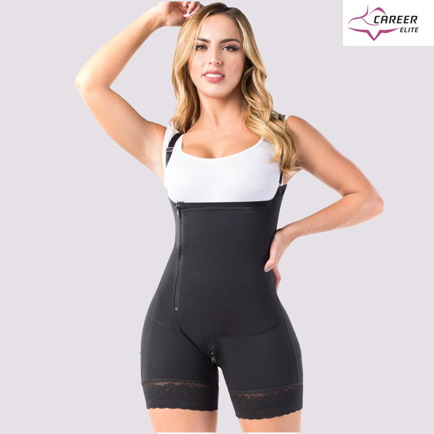 Women Mid Thighs Shapewear With Front＆Crotch Zipper Open Bust  Adjustable Straps Bodysuits  Fajas Body Shaper Buttlifter