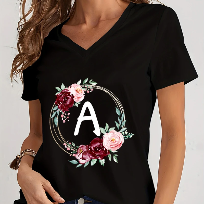 

Fashion V Neck Shirt Ink Printing Flower A-Z Alphabet Floral Print Short Sleeve High Street Women Tshirt Y2k Style Aesthetic Top