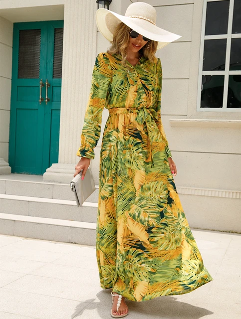 Maxi Dress V Neck Floral Print Long Sleeves | Maxi Dress Long Sleeves  Muslim - Spring - Aliexpress