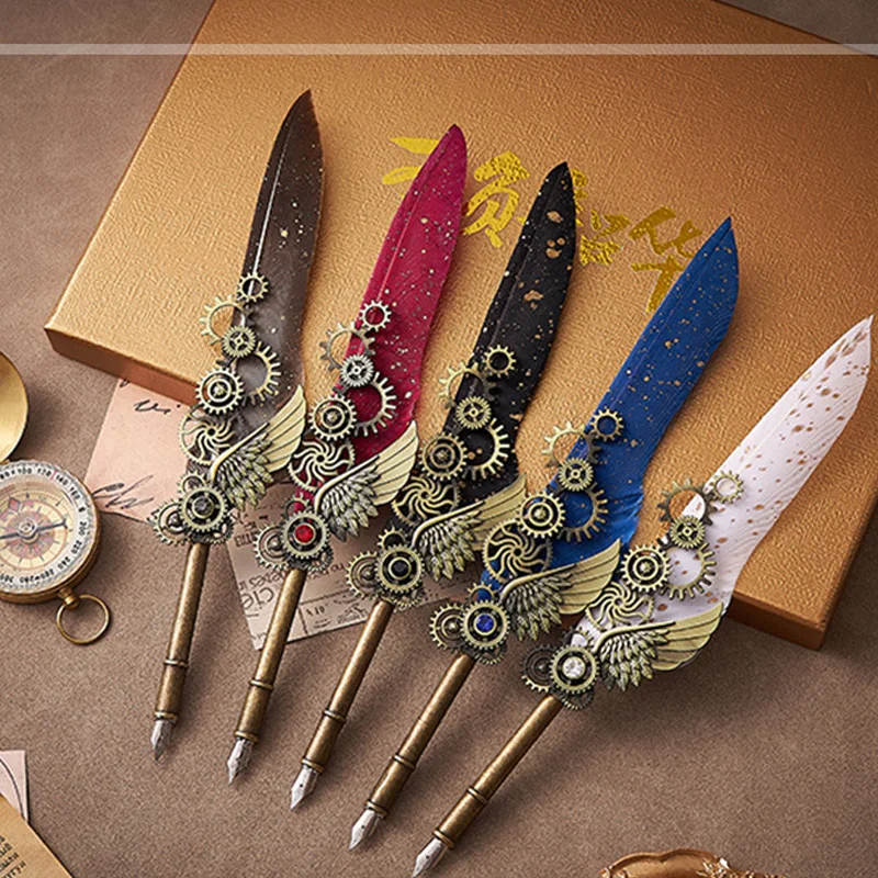8pcs 기계식 깃털 펜 세트, 왁스 씰 스탬프 및 스틱, 교체 가능한 5개의 펜촉, 창의적인 퀼 필기 아티스트 서예 서명 펜 7004