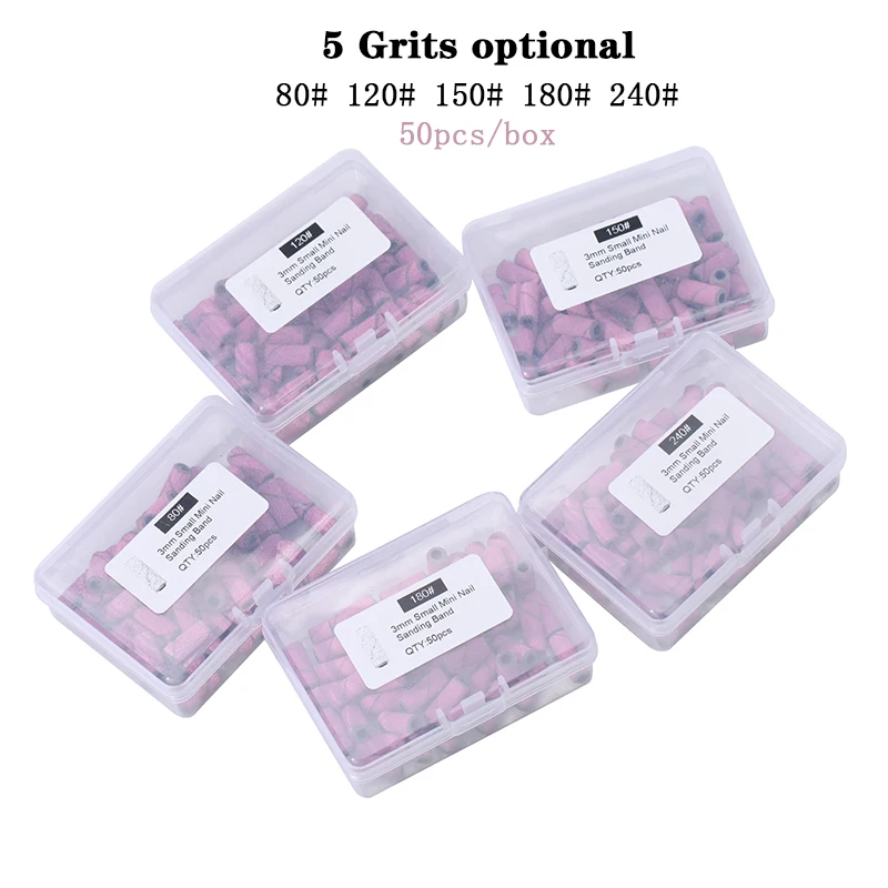 손톱용 소형 미니 샌딩 밴드, UV 젤 네일 광택제 리무버 도구, 맨드릴 네일 120 150 180 240 그릿, 상자당 50 개, 3mm