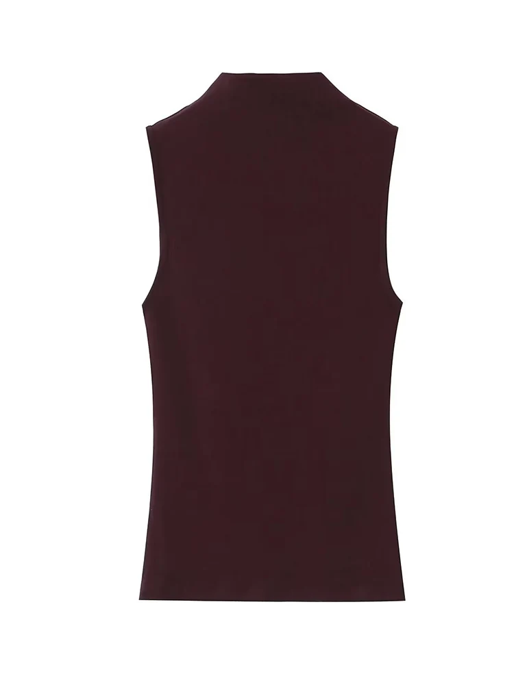 Women Solid Stand Neck Tank Top 2025 New Casual Fashion Basic Style Elastic Sleeveless Crop Tops Elegant Ladies Slim T-Shirt