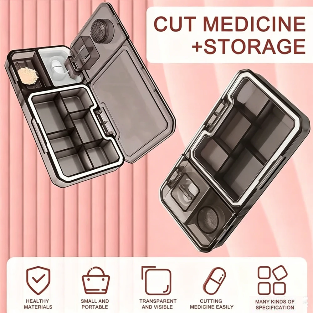 Compact Pill Organizer with Cutter and Crusher - Travel-Friendly Medicine Holder for Vitamins and Supplements