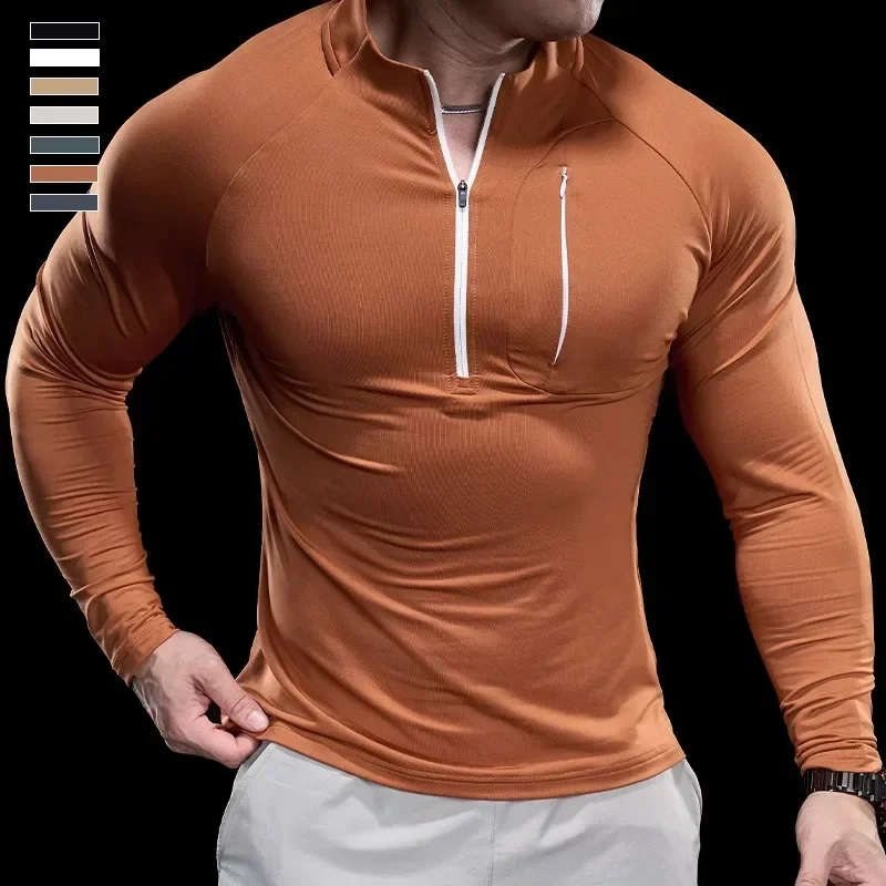 2024 New Men's Sports Gym Fitness Tops Running Training Clothes Round Neck Quick-drying Breathable Long-sleeved T-shirt Autumn 5