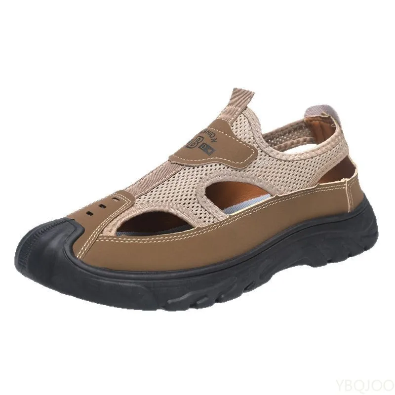 Men's Non Slip Sandals Summer Mesh Baotou Breathable Driving Hollow Outdoor Middle Aged Leisure Versatile Thick Bottom Sandals