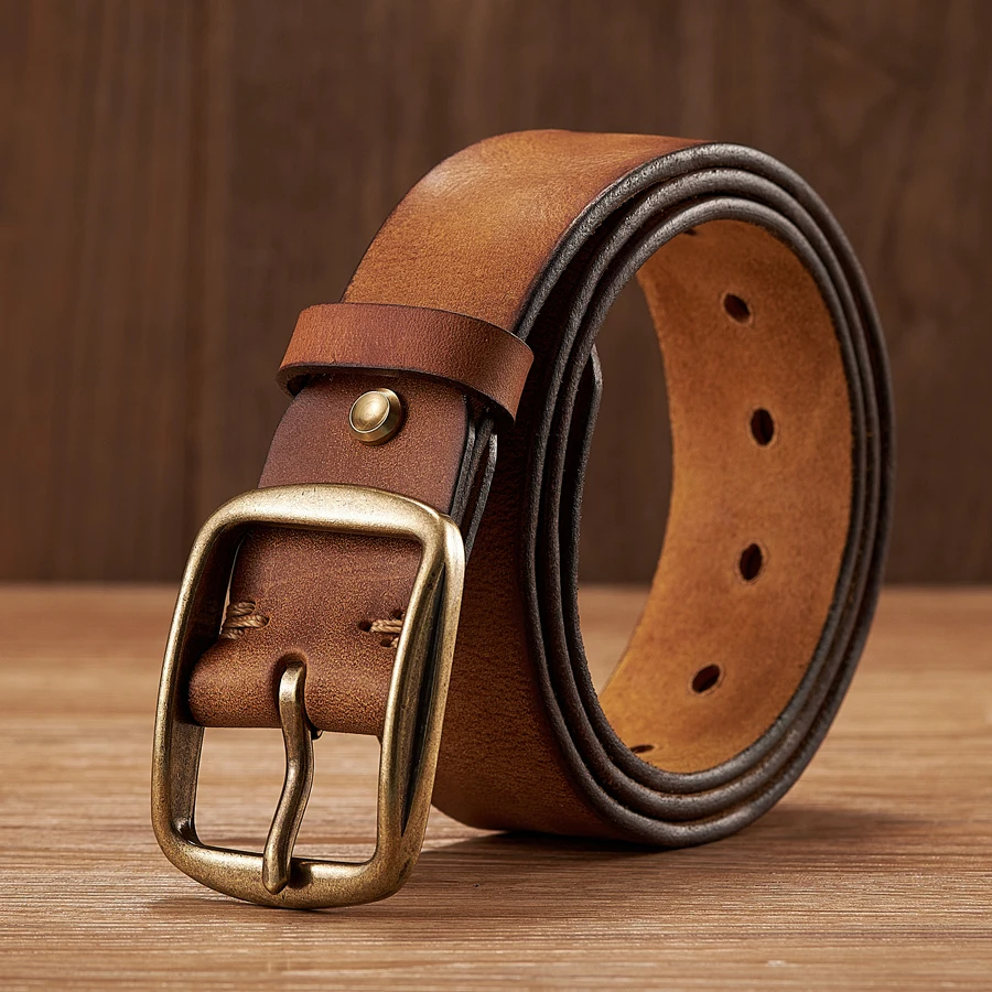 Thick Cowhide Copper Pin Buckle Real Genuine Leather Belt 2