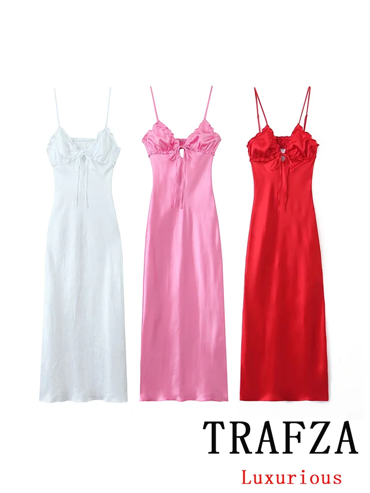 

TRAFZA Vintage Casual Chic Women Dress Solid Sleeveless Cami Lace Backless Long Dress New Fashion 2024 Summer Beach Sexy Dress