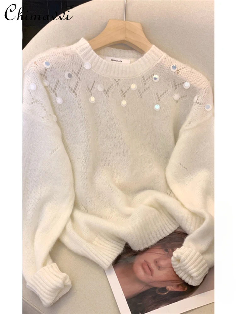 

White Sequined Hollow Out Knitted Sweater Women 2024 Spring round Neck Long Sleeve Inner Wear Bottoming Pullovers Knitwear Tops
