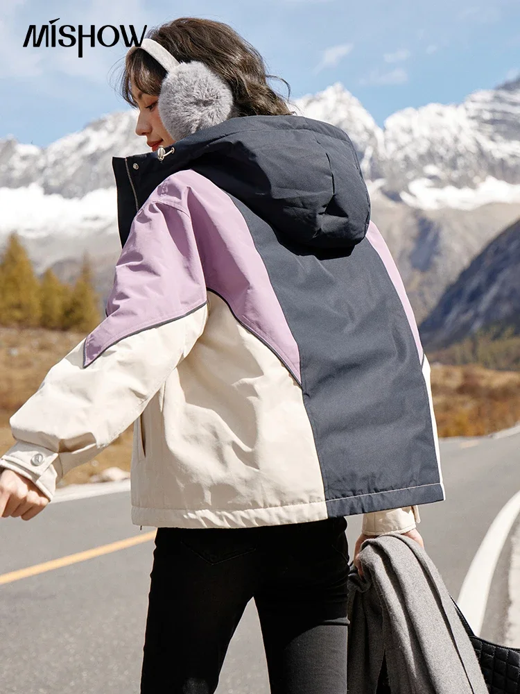 MISHOW Women's Winter Down Jacket 2023 Hooded White Duck Down Short Down Coat Korean Contrast Color Crop Loose Jacket MXC51Y0002