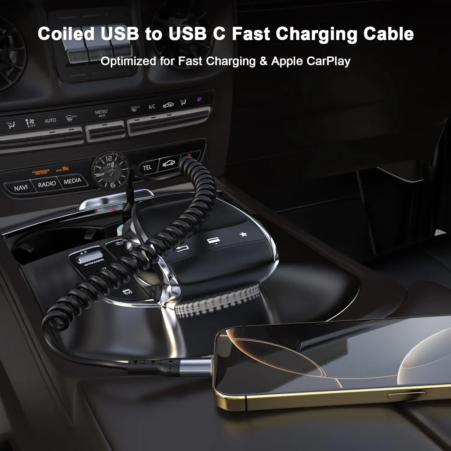 아이폰 16/16 Plus/16 Pro/16 Pro용 스파이럴 CarPlay 케이블 2팩, 차량용 CarPlay USB to USB-C 스파이럴 케이블