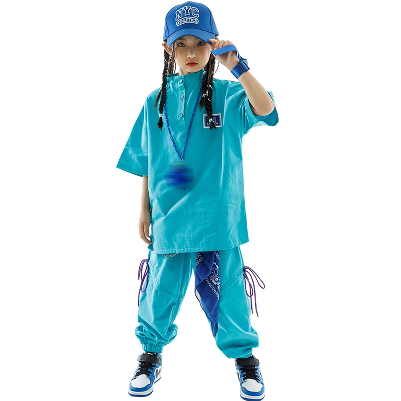 Kids Hip Hop Clothes Girls Loose T Shirt Pants Blue Suit Boys Street Dance Costume Kpop Concert Performance Wear BL10590