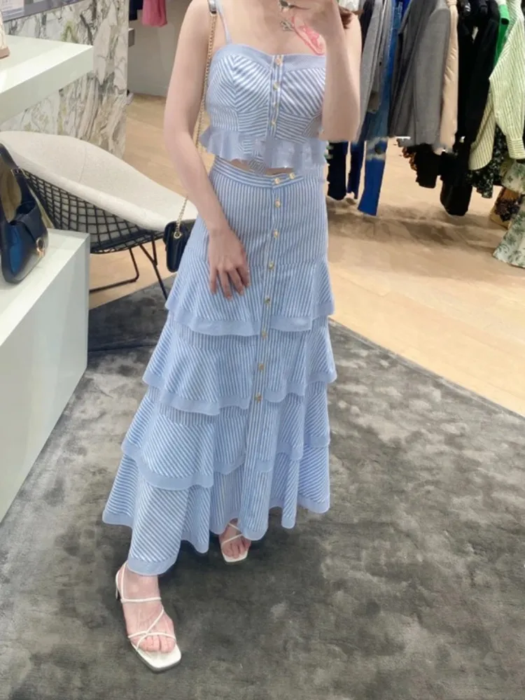 

2024 Summer Women Blue and White Stripes Set Ruffles Sleeveless Sling Top or Single Breasted A-Line Midi Skirt Ladies Suit