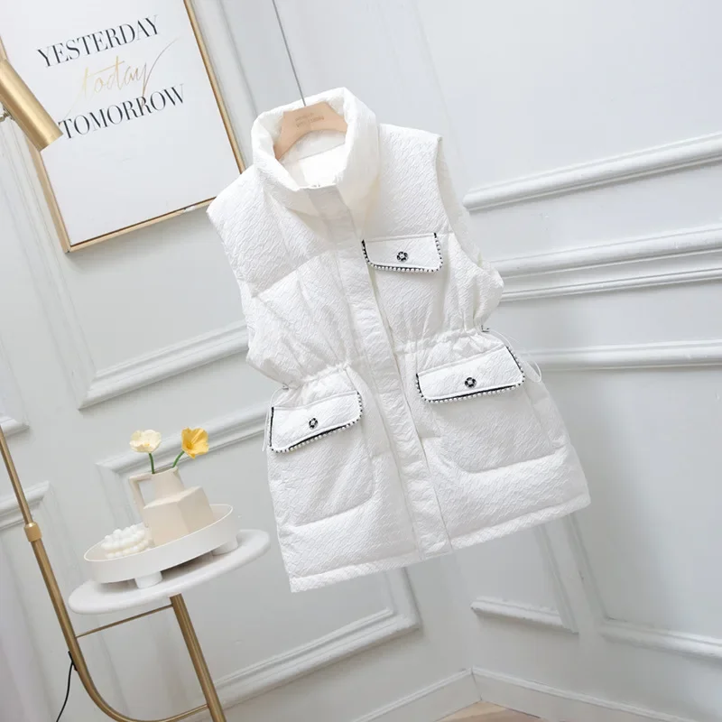 Women's Down Vest Loose Jacket Black Plus Size Winter White Duck Single-breasted Sleeveless Coats Stand Collar Drawstring Tops