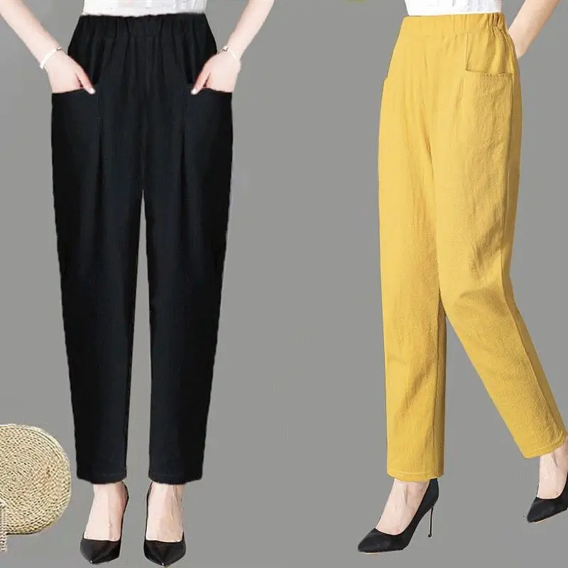 Large Size Korean Casual Thin Cotton Linen Pants Women Spring Summer Elastic Waist Ankle-Length Pants Woman Harem Trousers