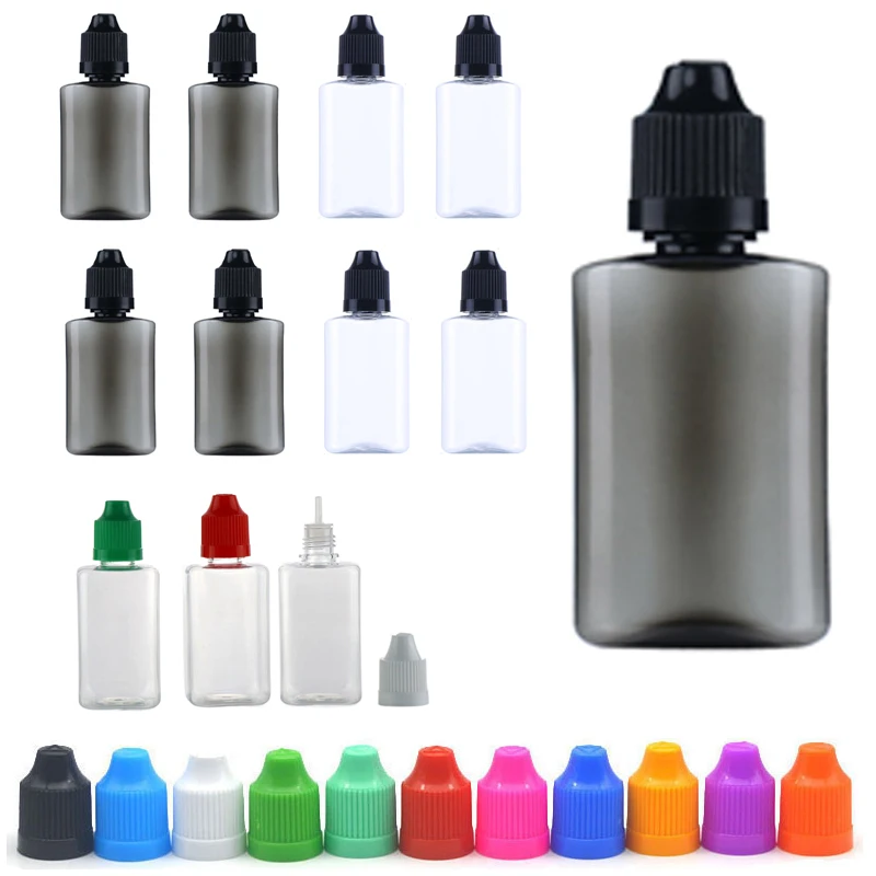 

10Pcs 30ML Empty Plastic PET Square Flat Dropper Bottles E Liquid Eye Clear Black Vape Oils Containers Long Tip Cap With Funnels
