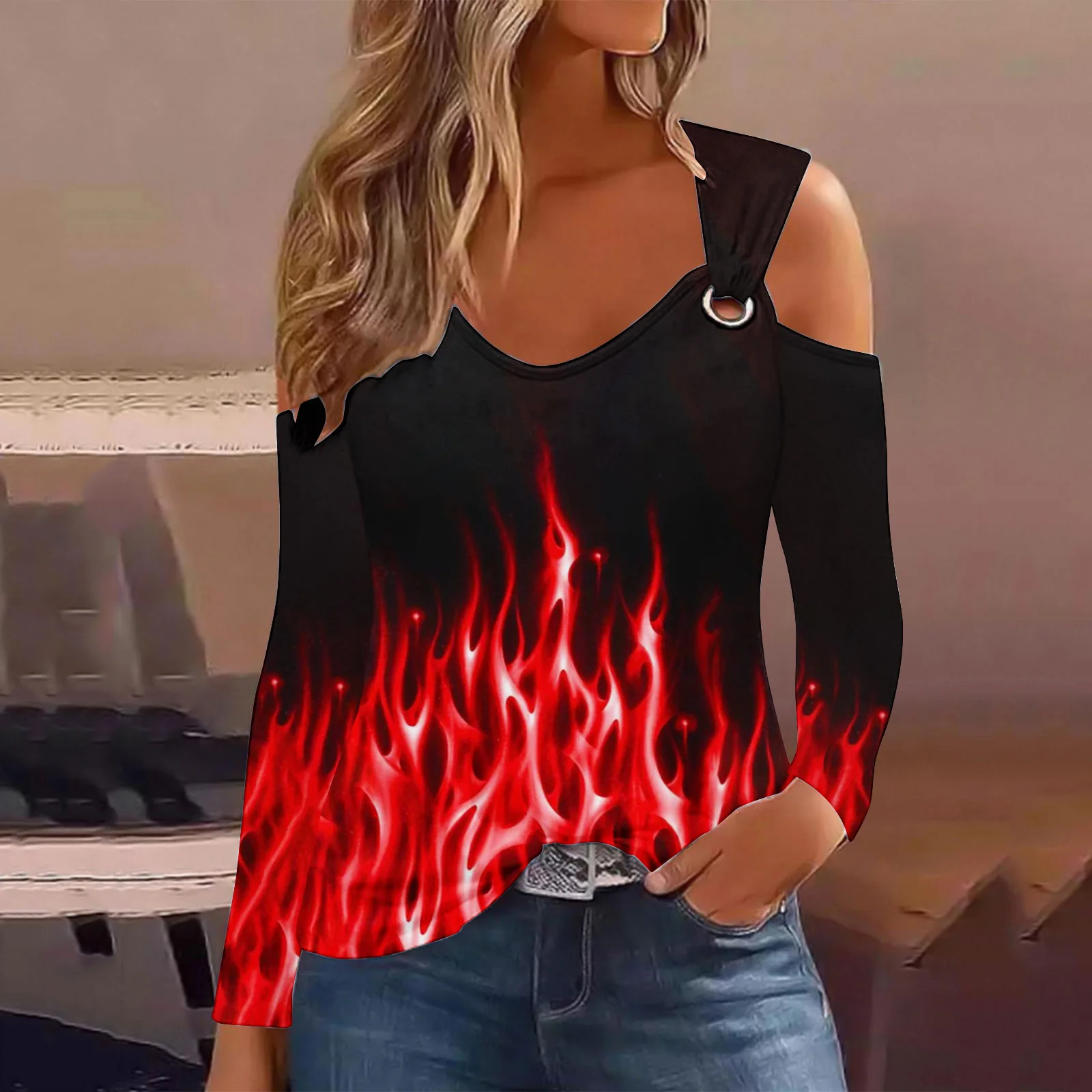 

3D Flame Printed Tops For Women Long Sleeved O Neck Off Shoulder T Shirts Ladies Pullover 2023 Autumn New Commuting Clothing Top